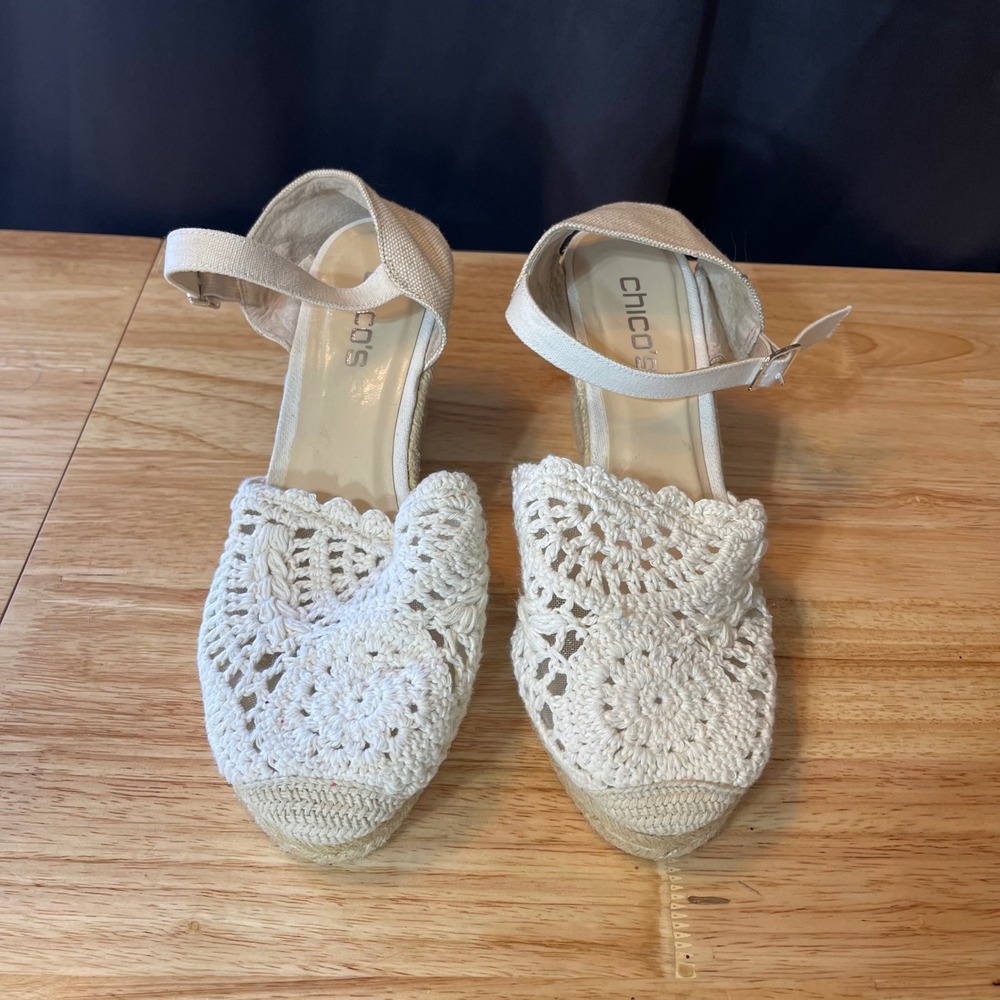 Chicos Womens Crochet Espadrille Wedge Sandals Cream Ankle Strap Size 10